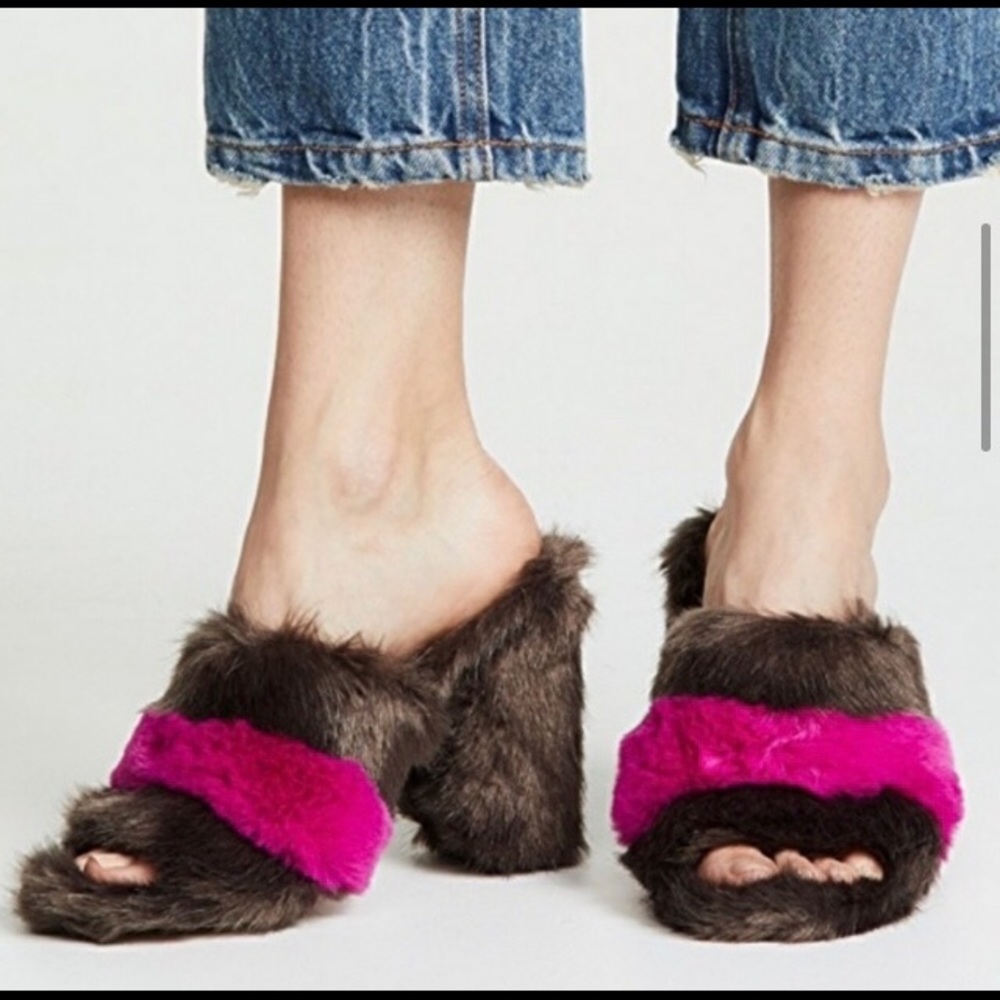Sam Edelman Yael Faux Fur Pink and Brown Mules Heels Sz 8